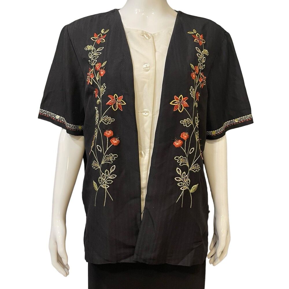 ALFRED DUNNER Black Shirt w/attached White Tank Size 16 Embroidered Floral